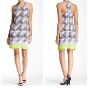 Laundry by Shelli Segal  halter dress, neon trim,shift,geometric AOP ,PTP 16”S/M